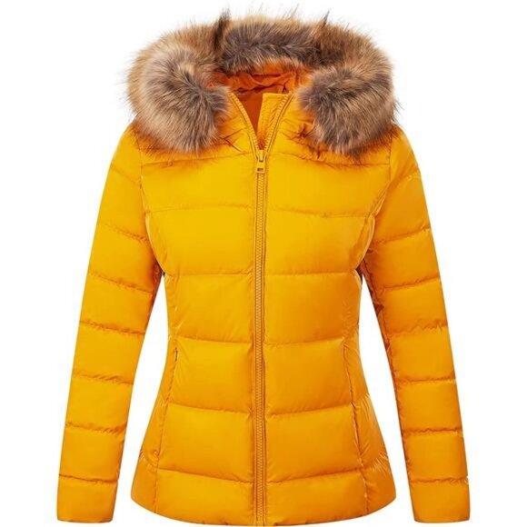 Women's Warm Quilted Bubble Padded Hood Coat with Faux Fur Collar